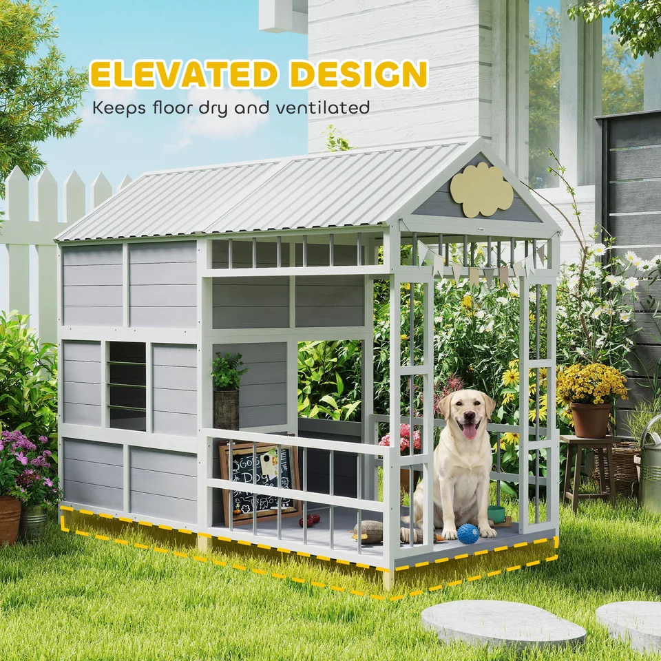 79"L Large Dog House Outdoor, Wooden Dog Kennel with Porch, Storage Cabinet,Weatherproof Roof, Windows view 3