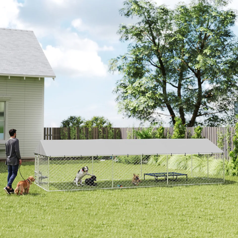 Dog Kennel Outdoor Dog Run Waterproof UV-Resist Cover Lockable Door Adjustable Bowls 20 x 7.5 x 5ft