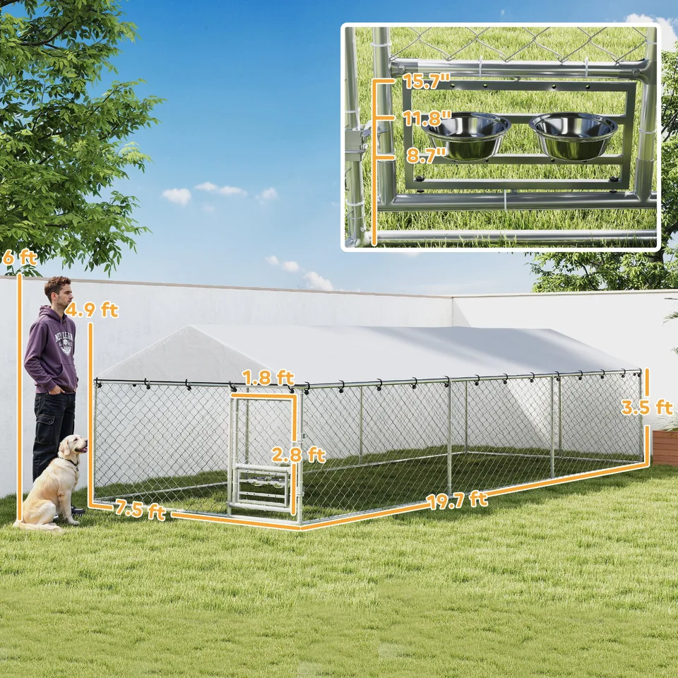 Dog Kennel Outdoor Dog Run Waterproof UV-Resist Cover Lockable Door Adjustable Bowls 20 x 7.5 x 5ft view 3
