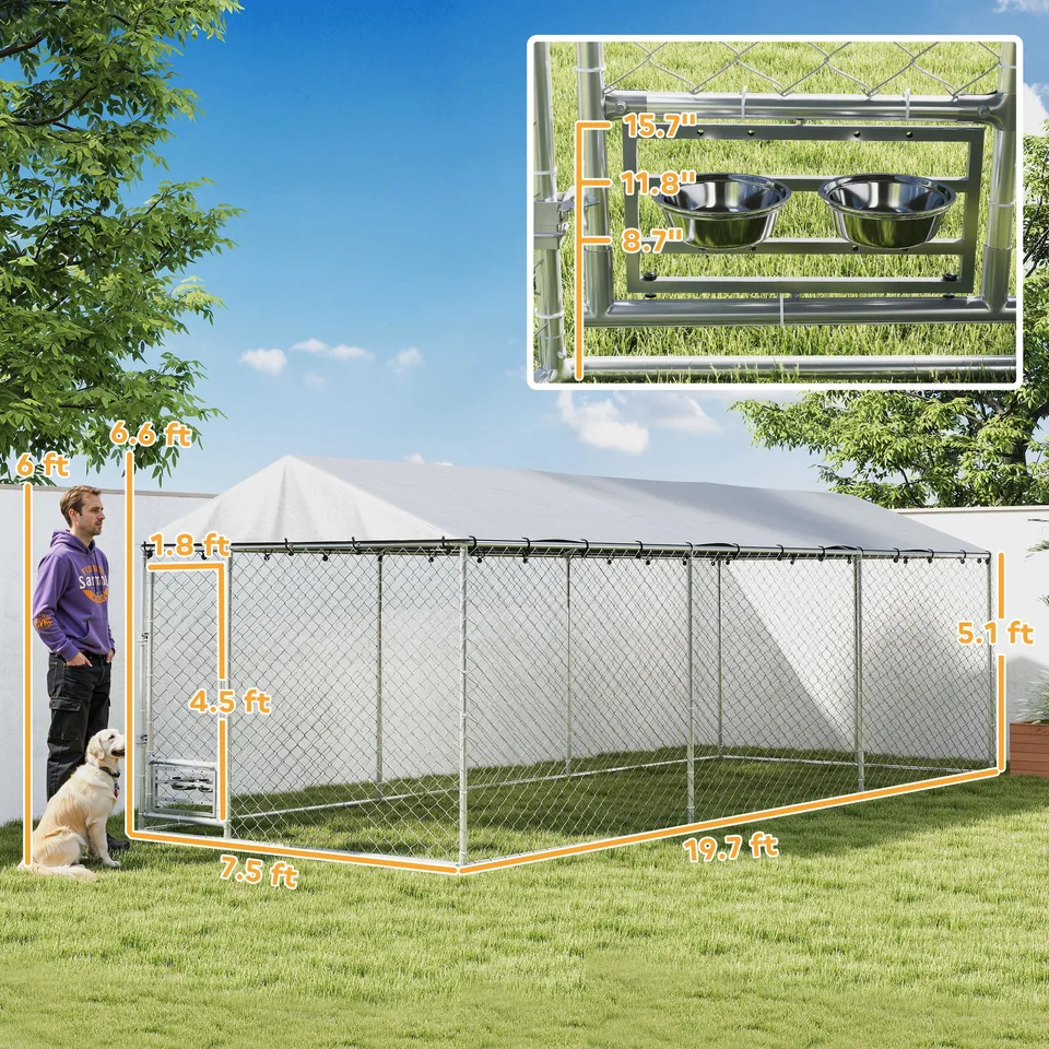 Dog Kennel Outdoor Dog Run Waterproof UV-Resist Cover Lockable Door Adjustable Bowls 20 x 7.5 x 6.5ft view 2