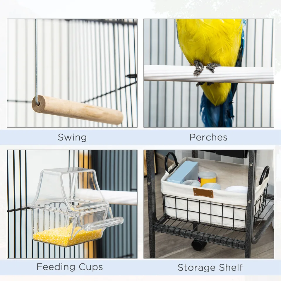 45-inch Metal Indoor Bird Cage, Parrot Cage, Bird Aviary with Detachable Rolling Stand, Storage Basket, and Accessories - Black view 4