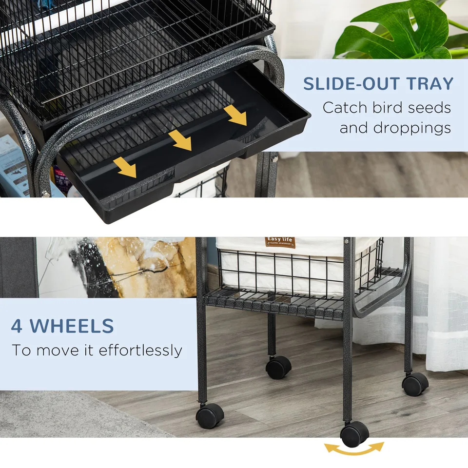 45-inch Metal Indoor Bird Cage, Parrot Cage, Bird Aviary with Detachable Rolling Stand, Storage Basket, and Accessories - Black view 3