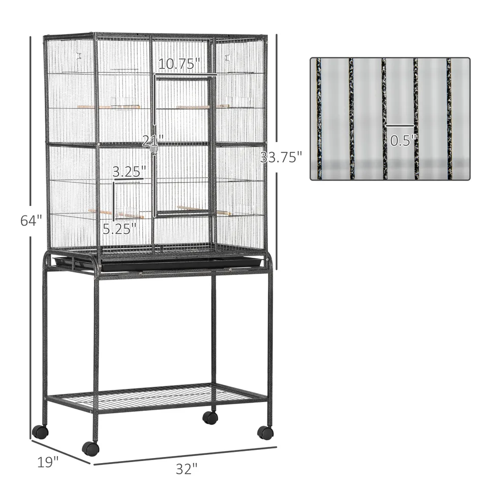 30" Rolling Metal Bird Cage Feeder with Detachable Rolling Stand, Storage Shelf, Wood Perch & Food Container view 4