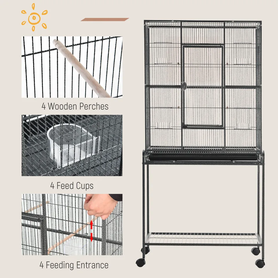 30" Rolling Metal Bird Cage Feeder with Detachable Rolling Stand, Storage Shelf, Wood Perch & Food Container view 3