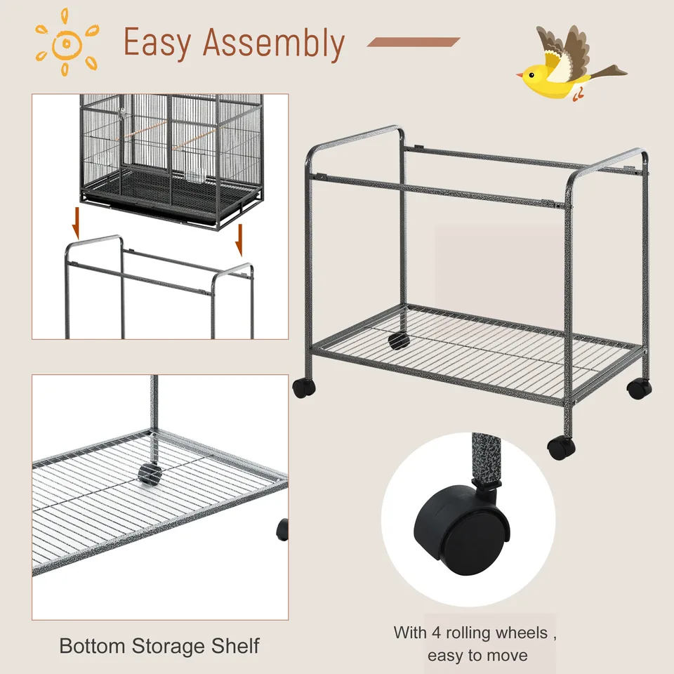 30" Rolling Metal Bird Cage Feeder with Detachable Rolling Stand, Storage Shelf, Wood Perch & Food Container view 2