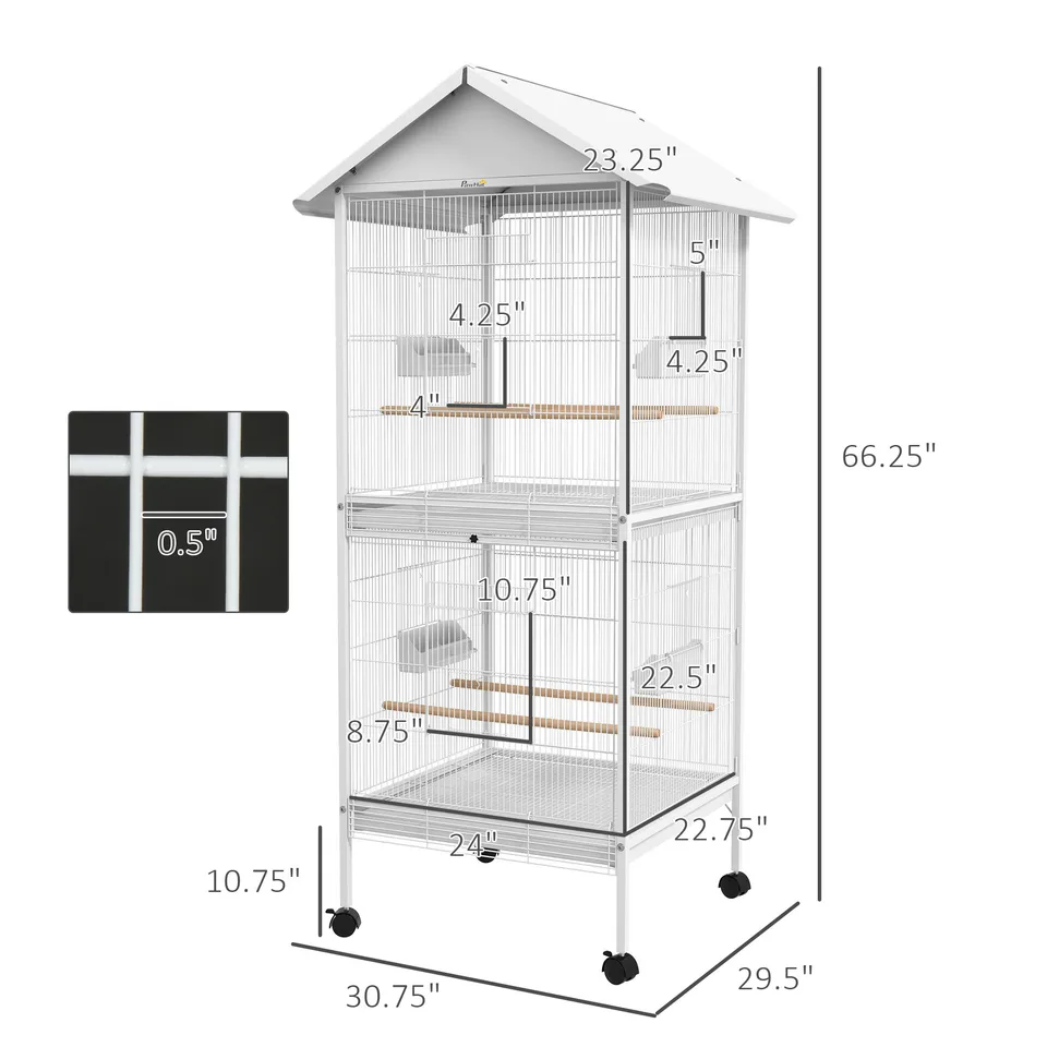 Wrought Metal Bird Cage Feeder with Rolling Stand Perches Food Containers Doors Wheels 67" H, White view 2