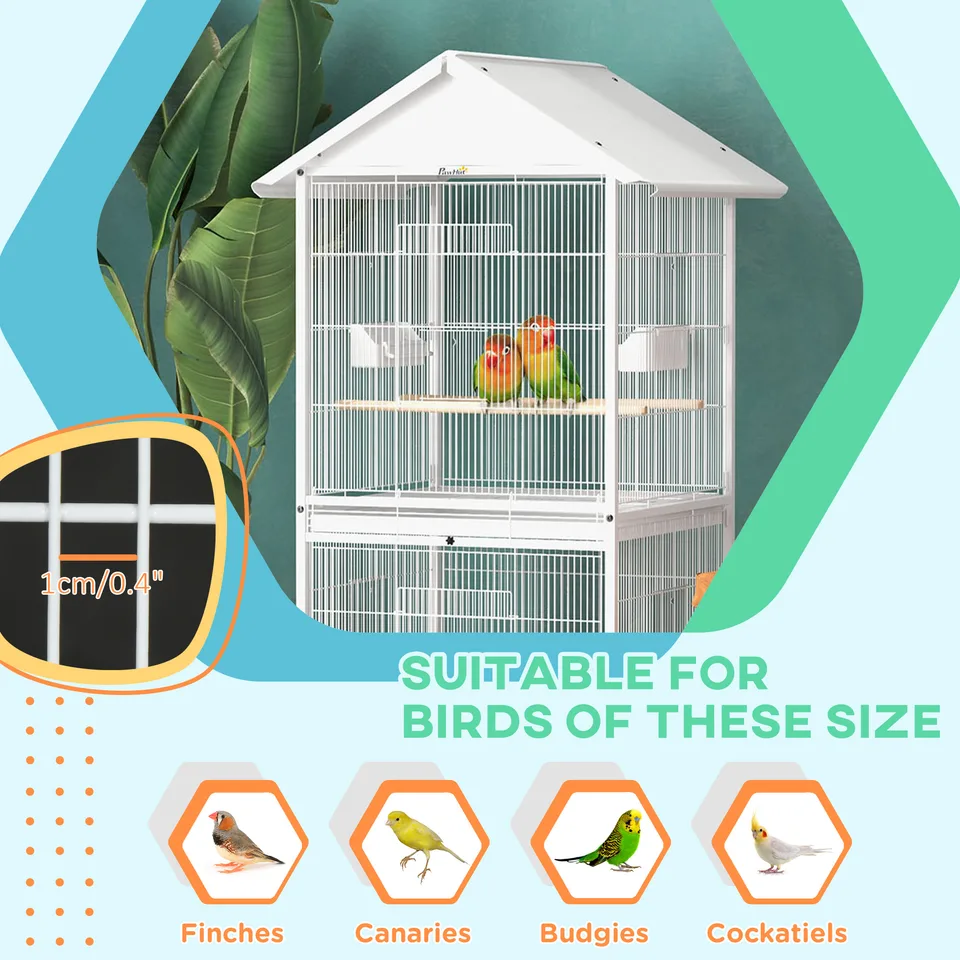 Wrought Metal Bird Cage Feeder with Rolling Stand Perches Food Containers Doors Wheels 67" H, White view 4