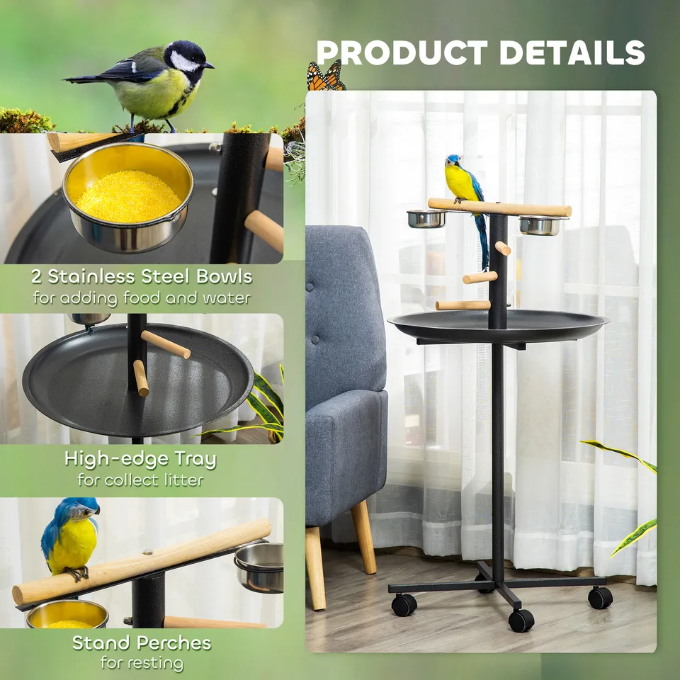 Portable Bird Play Stand, Parrot Perch Bird Feeder Station with Wheels, Stainless Steel Feeding Bowls, Tray, Gray view 3