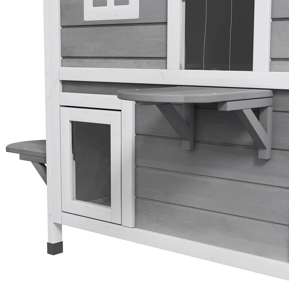 2-story Cat House Outdoor, Weatherproof Wooden Cat Enclosure for Feral Cats with Escape Door, Openable Roof, Jumping Platforms, Gray view 3
