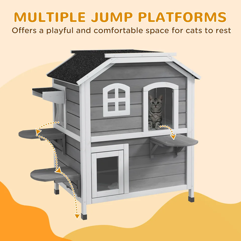 2-story Cat House Outdoor, Weatherproof Wooden Cat Enclosure for Feral Cats with Escape Door, Openable Roof, Jumping Platforms, Gray view 4