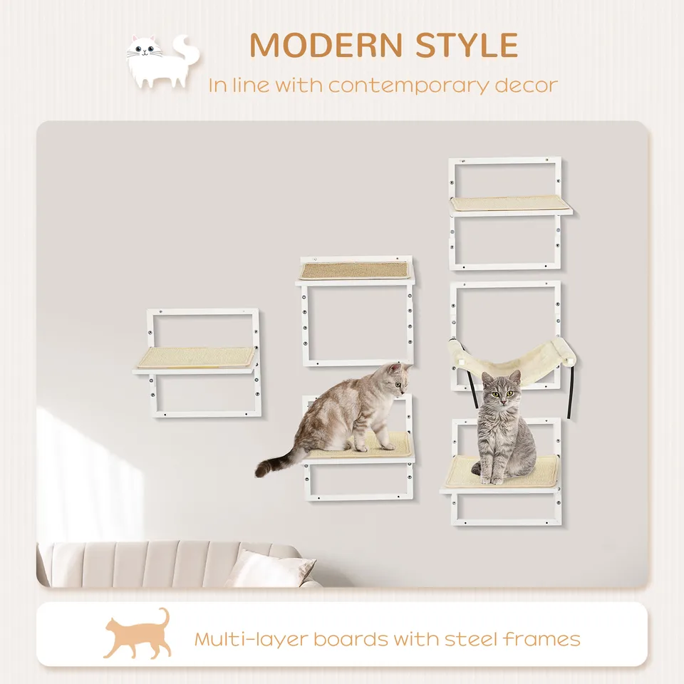 Cat Shelves for Indoor Cats, 6 Pc Modern Cat Wall Furniture with Adjustable Height Jumping Platforms & Hammock, Cream White view 6