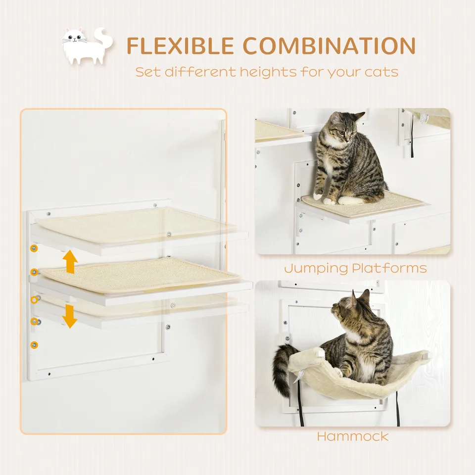 Cat Shelves for Indoor Cats, 6 Pc Modern Cat Wall Furniture with Adjustable Height Jumping Platforms & Hammock, Cream White view 7