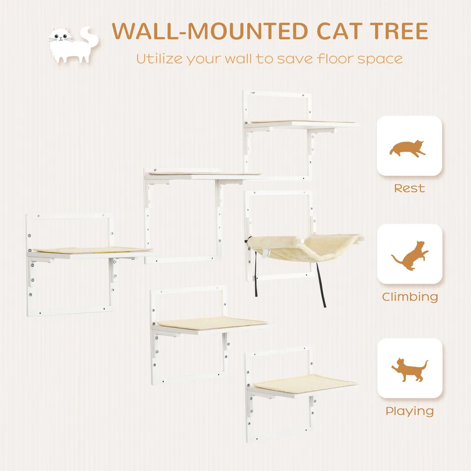 Cat Shelves for Indoor Cats, 6 Pc Modern Cat Wall Furniture with Adjustable Height Jumping Platforms & Hammock, Cream White view 2