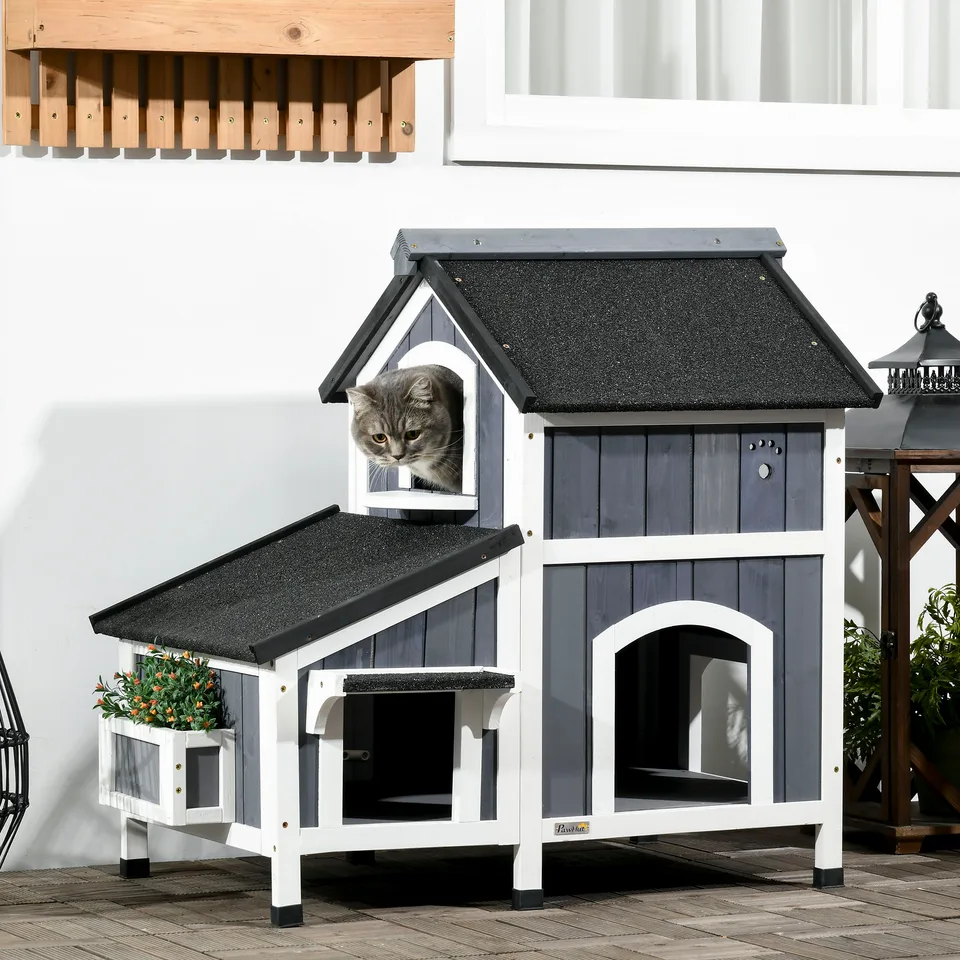 Outdoor Cat House with Weather-resistant Roof & Garden Bed, Outdoor Cat Shelter Enclosure with Multiple Entrances, Modern Cat Furniture Hideout, Cat Gifts, Gray