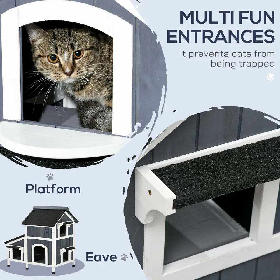 Outdoor Cat House with Weather-resistant Roof & Garden Bed, Outdoor Cat Shelter Enclosure with Multiple Entrances, Modern Cat Furniture view 4