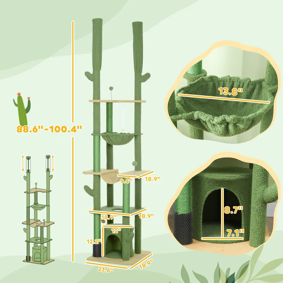 89"-100" Floor to Ceiling Cat Tree, Cat Climbing Tower with Grooming Brush Post, Cat Condo, Hammock, Green view 2