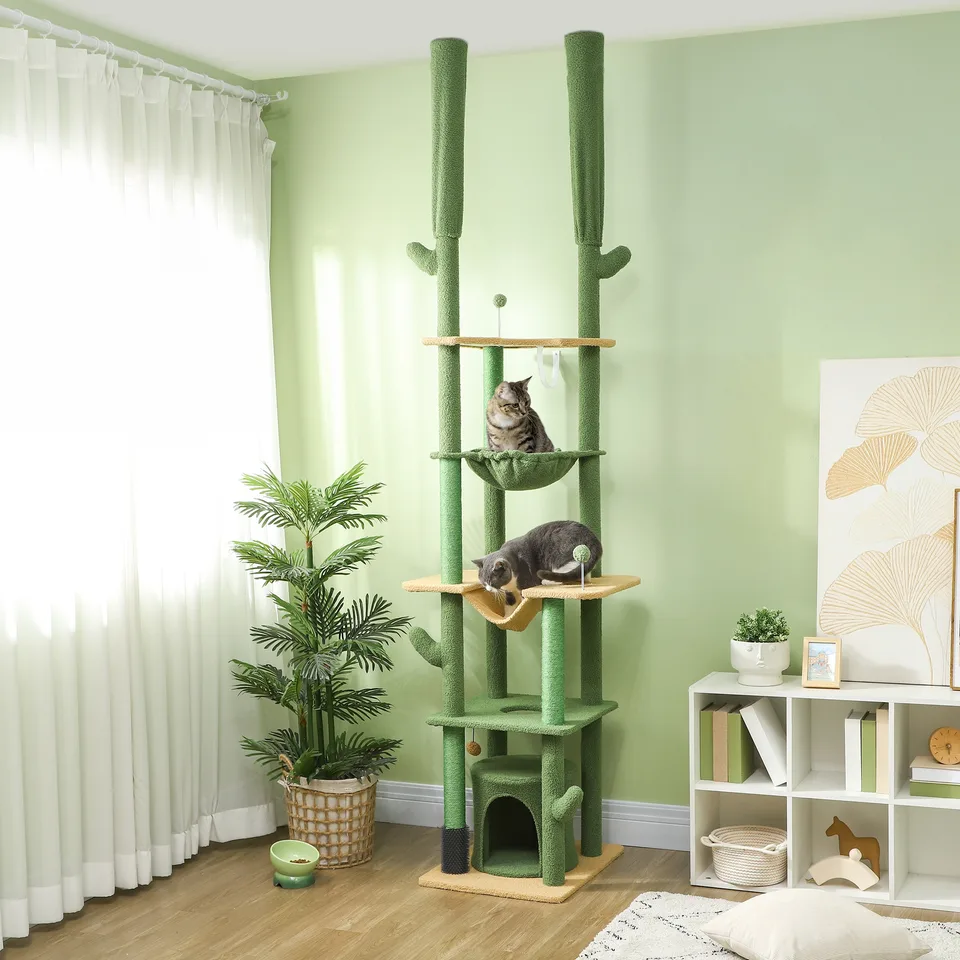 89"-100" Floor to Ceiling Cat Tree, Cat Climbing Tower with Grooming Brush Post, Cat Condo, Hammock, Green