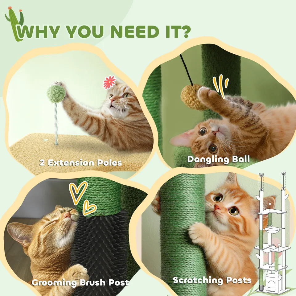89"-100" Floor to Ceiling Cat Tree, Cat Climbing Tower with Grooming Brush Post, Cat Condo, Hammock, Green view 6
