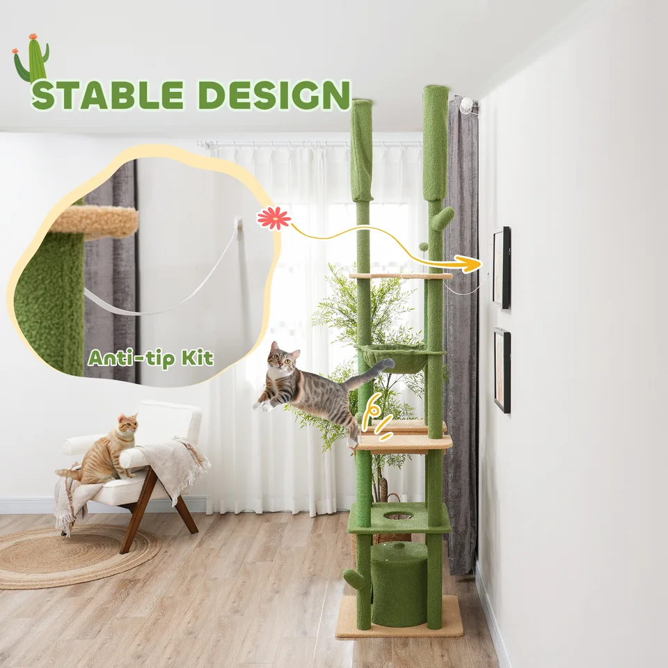 89"-100" Floor to Ceiling Cat Tree, Cat Climbing Tower with Grooming Brush Post, Cat Condo, Hammock, Green view 5