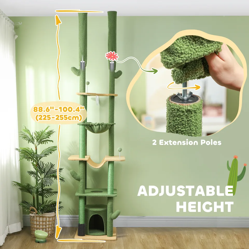 89"-100" Floor to Ceiling Cat Tree, Cat Climbing Tower with Grooming Brush Post, Cat Condo, Hammock, Green view 3