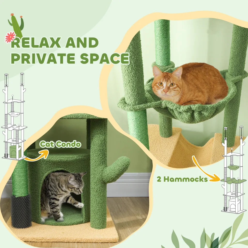89"-100" Floor to Ceiling Cat Tree, Cat Climbing Tower with Grooming Brush Post, Cat Condo, Hammock, Green view 4