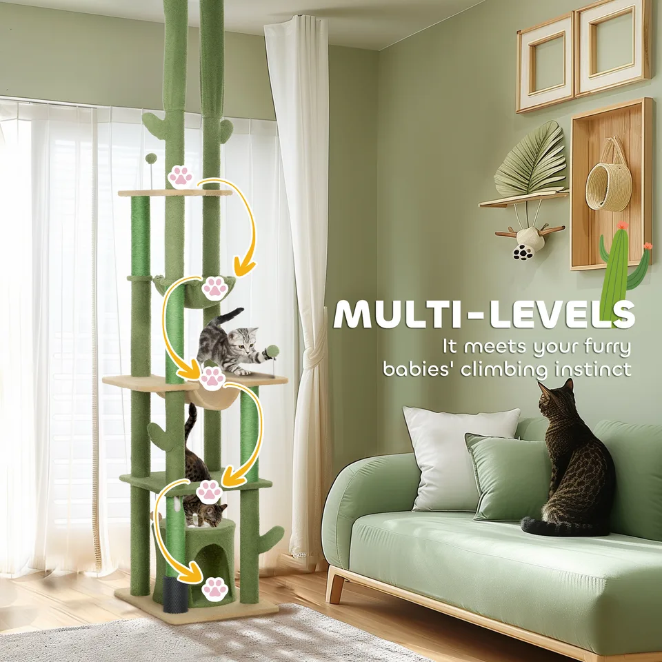 89"-100" Floor to Ceiling Cat Tree, Cat Climbing Tower with Grooming Brush Post, Cat Condo, Hammock, Green view 7