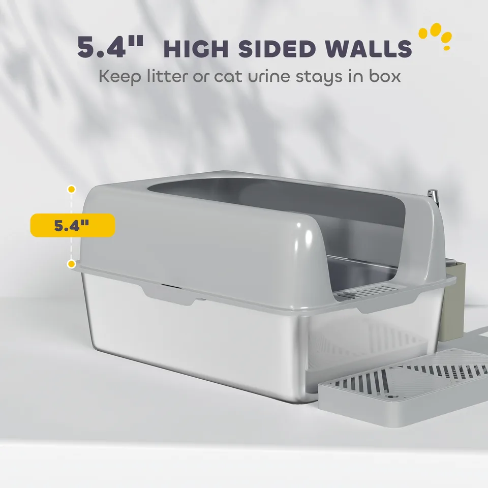 High Sided Stainless Steel Litter Box with Metal Scoop & Scoop Holder, for Easy Clean& Anti-Urine Leakage, Light Gray view 4