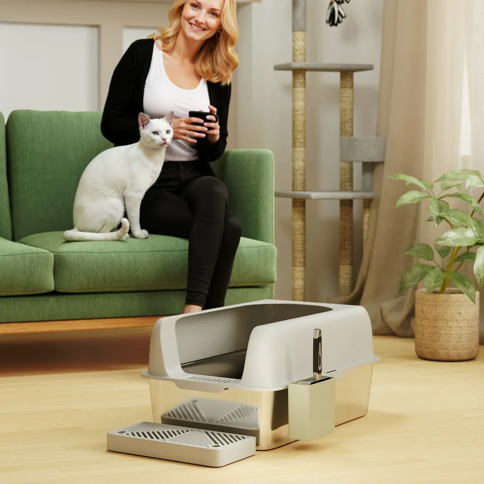 High Sided Stainless Steel Litter Box with Metal Scoop & Scoop Holder, for Easy Clean& Anti-Urine Leakage, Light Gray view 3