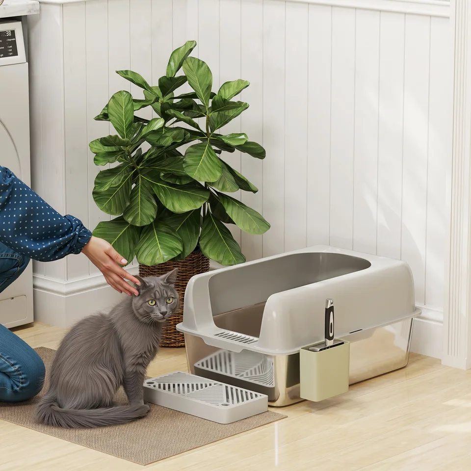 High Sided Stainless Steel Litter Box with Metal Scoop & Scoop Holder, for Easy Clean& Anti-Urine Leakage, Light Gray