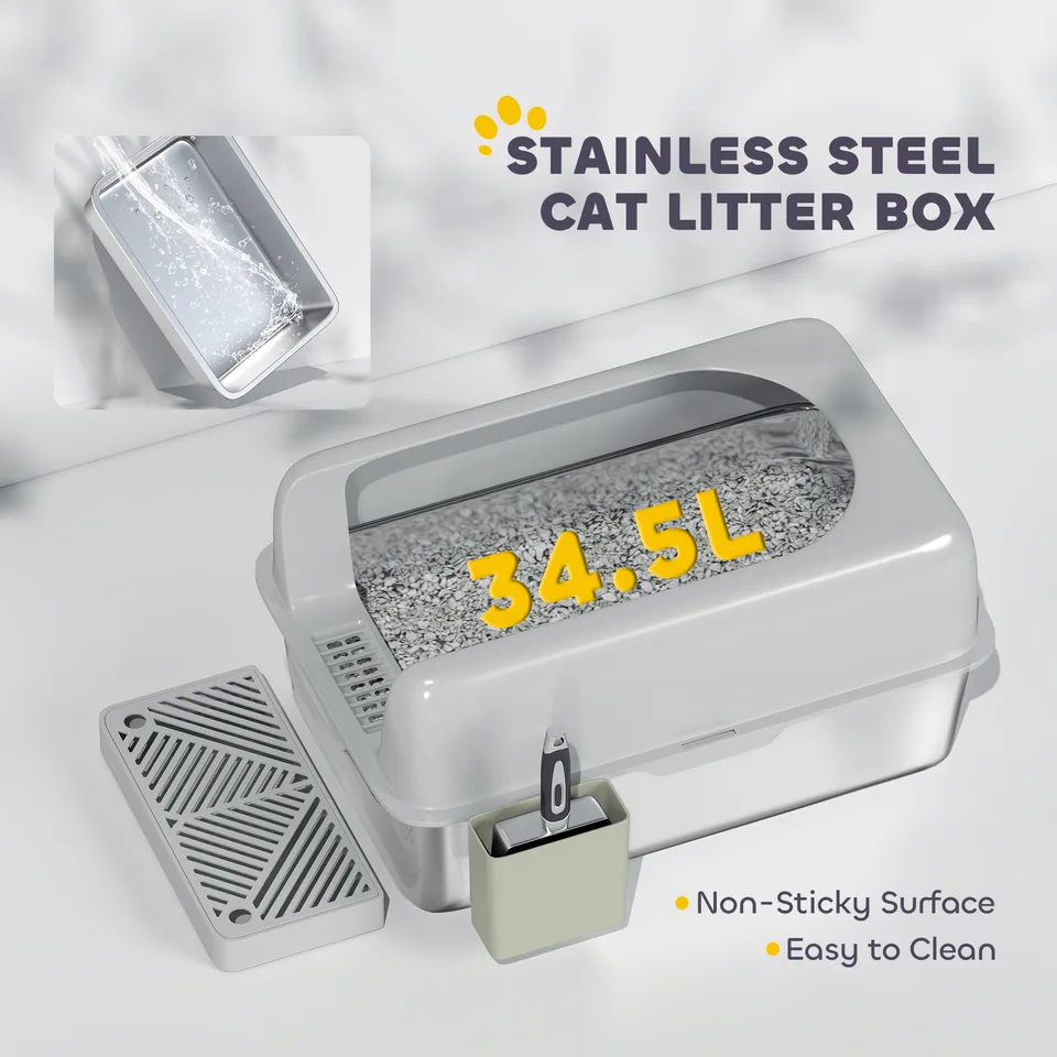 High Sided Stainless Steel Litter Box with Metal Scoop & Scoop Holder, for Easy Clean& Anti-Urine Leakage, Light Gray view 2