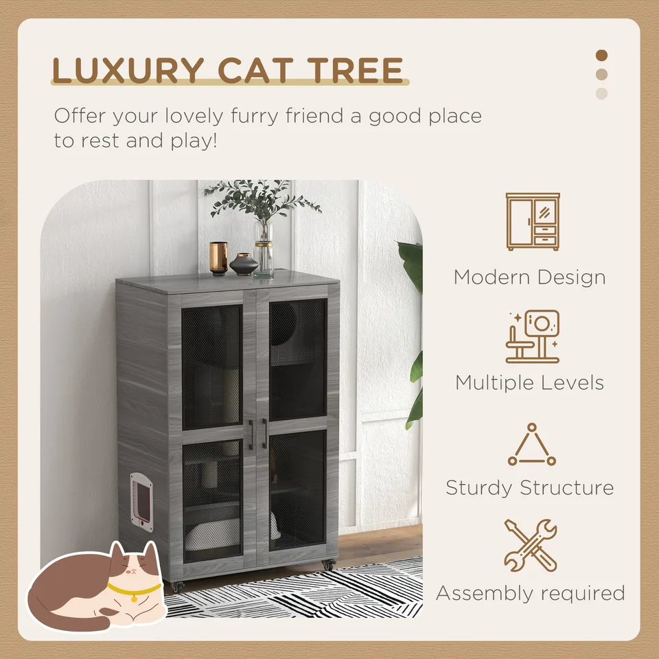 Cat Tree House with Scratching Post and Wheels, Gray view 2