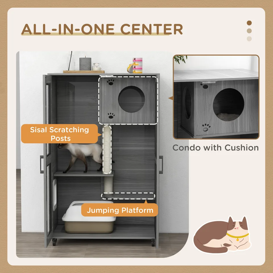 Cat Tree House with Scratching Post and Wheels, Gray view 4