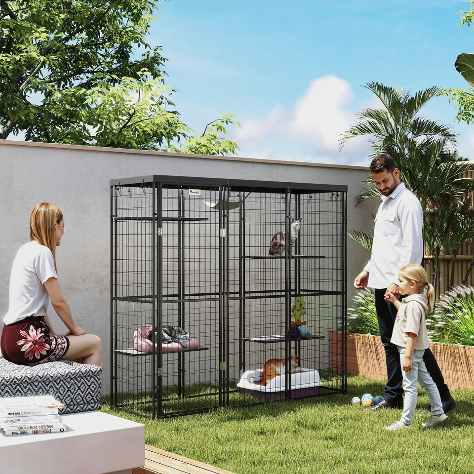 Weld Wire Catio Outdoor Indoor with Waterproof Cover, 4 Jumping Platforms, Hammock, for 1-3 Kittens, 69" x 22" x 62"