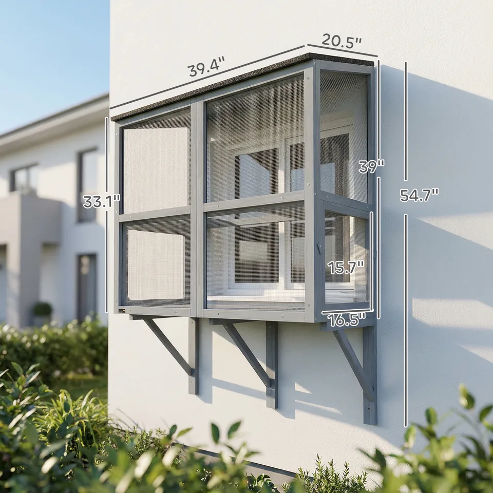 Catio Outdoor Cat Enclosure Outdoor Window Box Cat House with Waterproof Roof 39.4"L Gray view 2