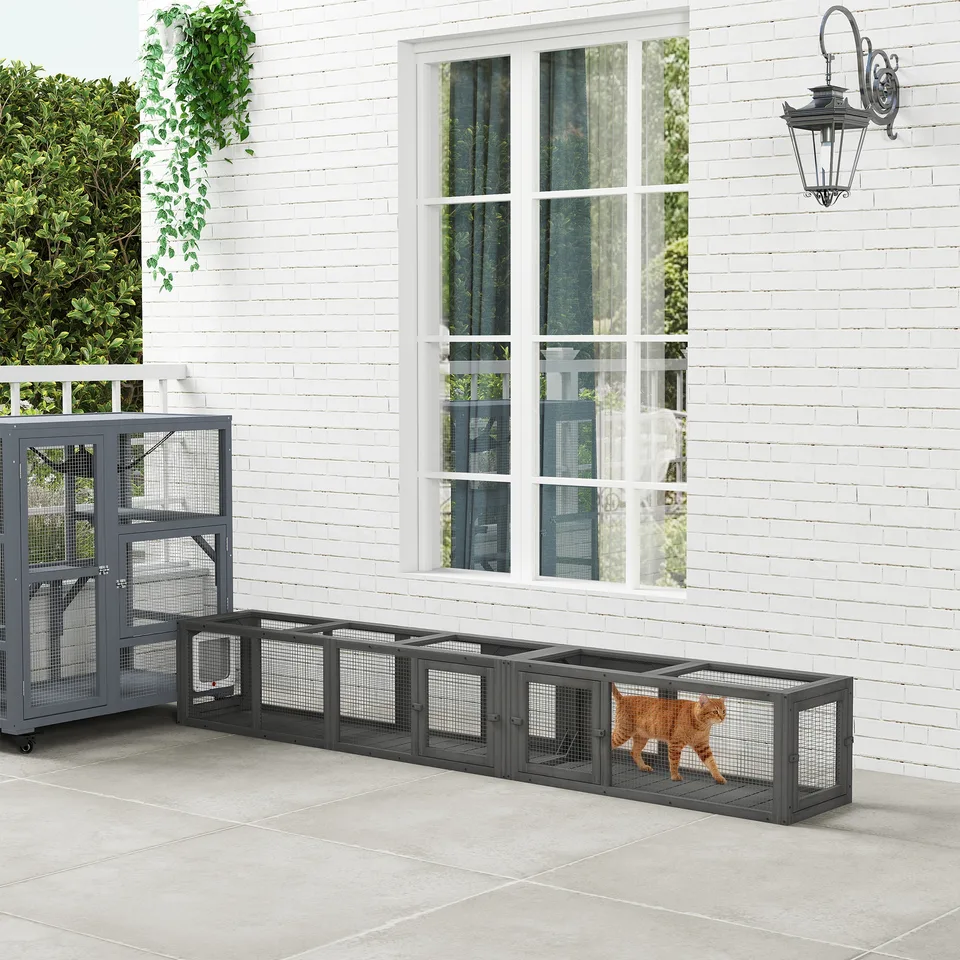 Wooden 98" Cat Tunnel for Outdoor with Combinable Design, 8 Doors, Dark Gray