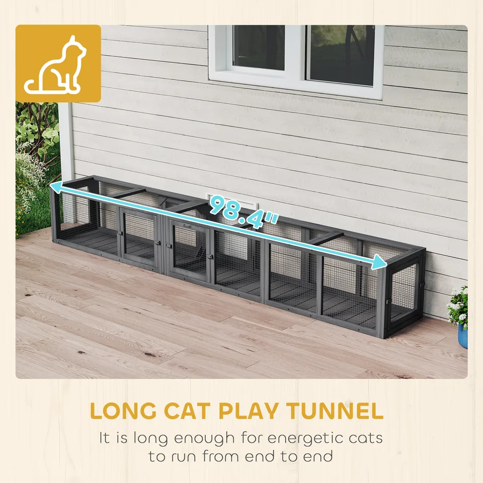 Wooden 98" Cat Tunnel for Outdoor with Combinable Design, 8 Doors, Dark Gray view 3