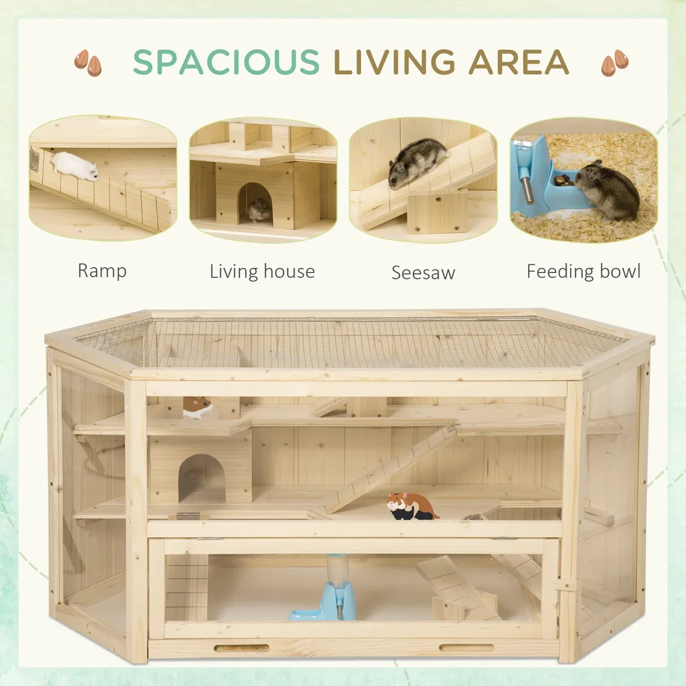 Wooden Large Hamster Cage Small Animal Exercise Play House 3 Tier with Tray, Seesaws, Water Bottle, Activity Center, Natural view 2
