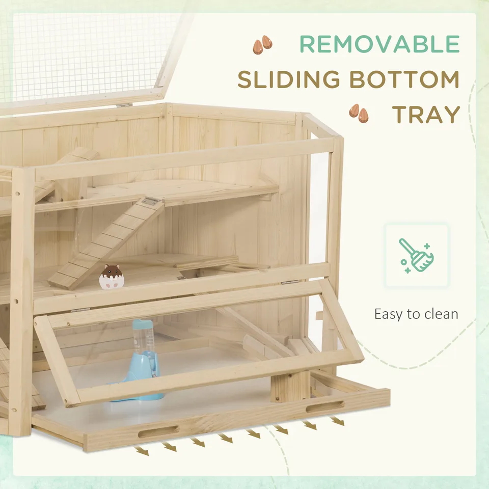 Wooden Large Hamster Cage Small Animal Exercise Play House 3 Tier with Tray, Seesaws, Water Bottle, Activity Center, Natural view 3