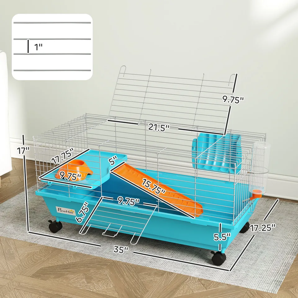 35"L Small Animal Cage, Rolling Bunny Cage, Guinea Pig Cage with Wheels, Food Dish, Water Bottle, Hay Feeder, Blue view 4