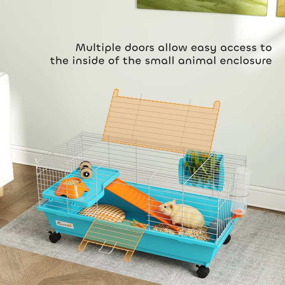 35"L Small Animal Cage, Rolling Bunny Cage, Guinea Pig Cage with Wheels, Food Dish, Water Bottle, Hay Feeder, Blue view 2