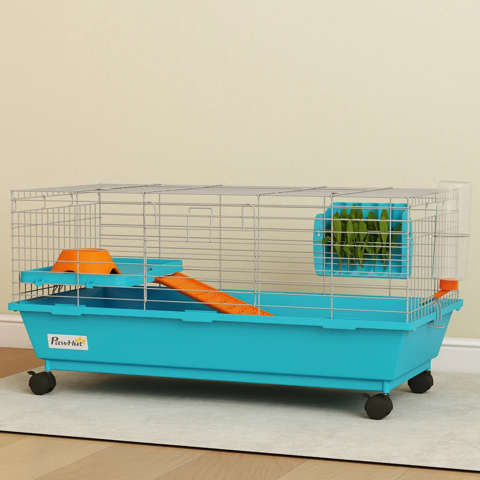 35"L Small Animal Cage, Rolling Bunny Cage, Guinea Pig Cage with Wheels, Food Dish, Water Bottle, Hay Feeder, Blue view 3
