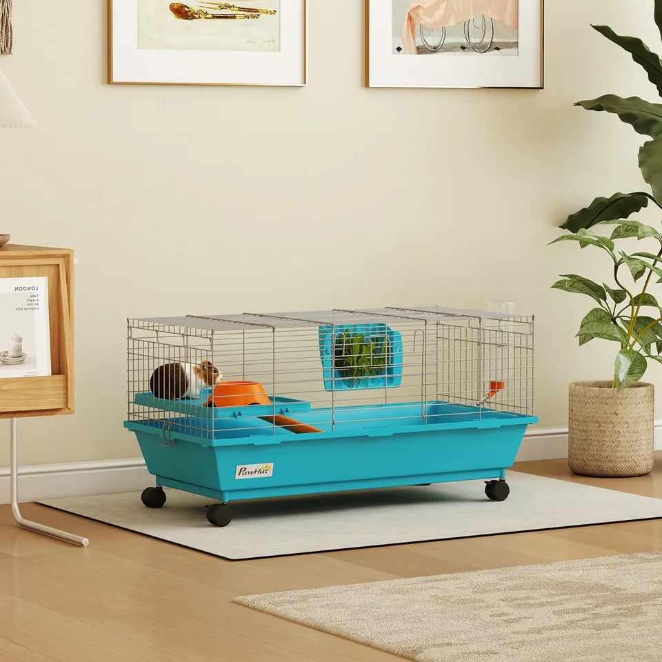 35"L Small Animal Cage, Rolling Bunny Cage, Guinea Pig Cage with Wheels, Food Dish, Water Bottle, Hay Feeder, Blue