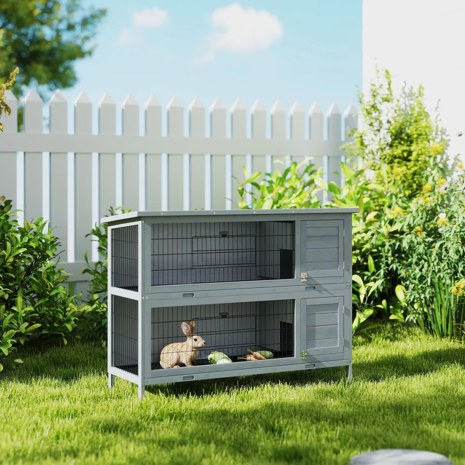 54" 2-Story Large Rabbit Hutch Bunny Cage Wooden Pet House Small Animal Habitat with Lockable Doors, No Leak Tray and waterproof Roof for