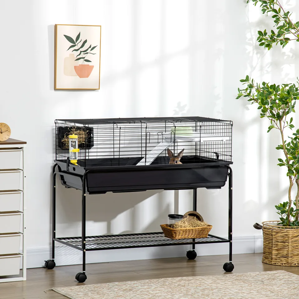 Two-Story Small Animal Cage Removable from Stand, Guinea Pig Cage with Shelf & Wheels, Pet Habitat for Hedgehog, Chinchilla, Ferret, 39" x