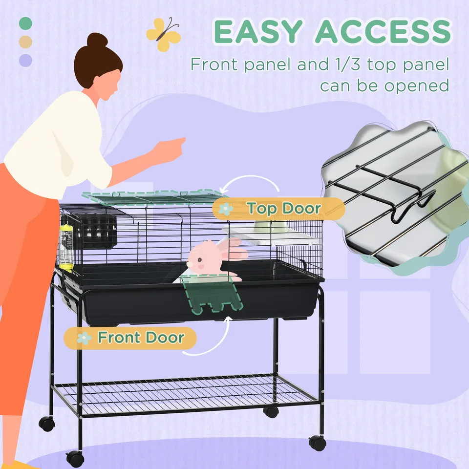 Two-Story Small Animal Cage Removable from Stand, Guinea Pig Cage with Shelf & Wheels, Pet Habitat for Hedgehog, Chinchilla, Ferret, 39" x view 2