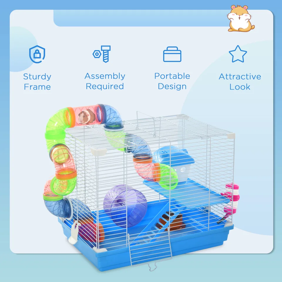 2-Level Hamster Cage Rodent Gerbil House Mouse Mice Rat Habitat Metal Wire with Exercise Wheel, Play Tubes, Water Bottle, Food Dishes, & view 2