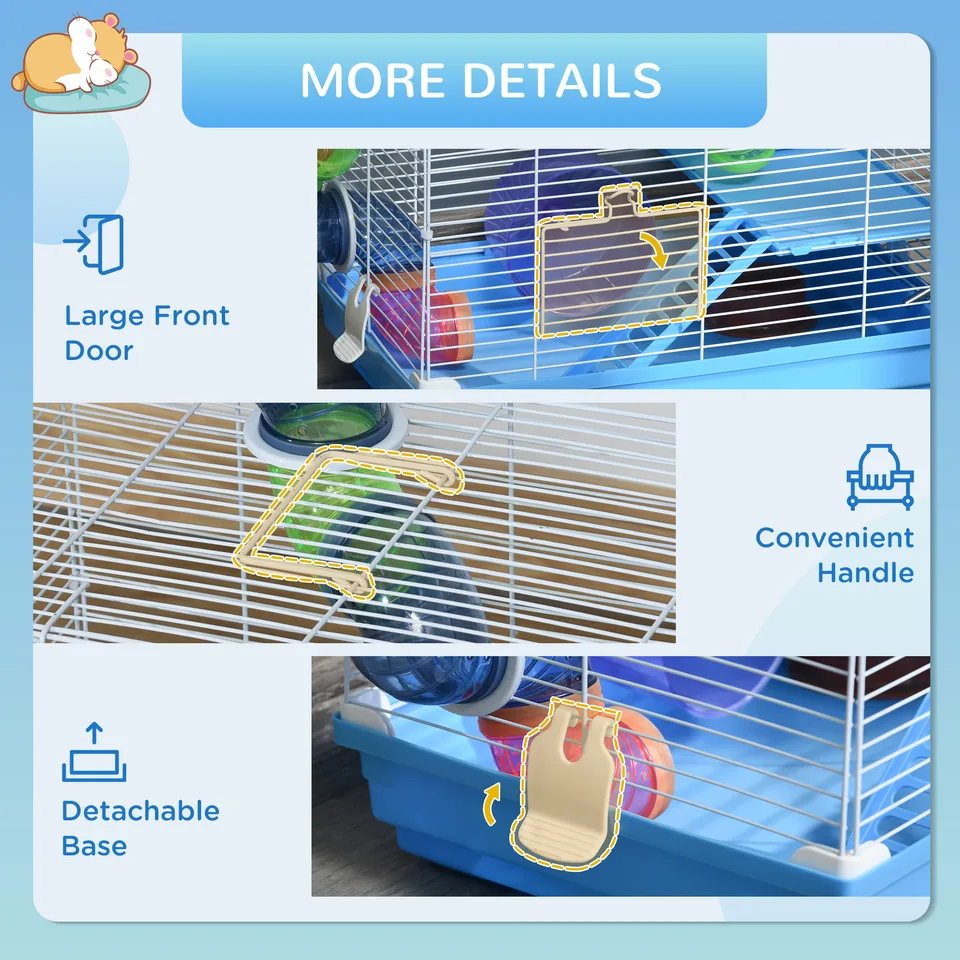 2-Level Hamster Cage Rodent Gerbil House Mouse Mice Rat Habitat Metal Wire with Exercise Wheel, Play Tubes, Water Bottle, Food Dishes, & view 4