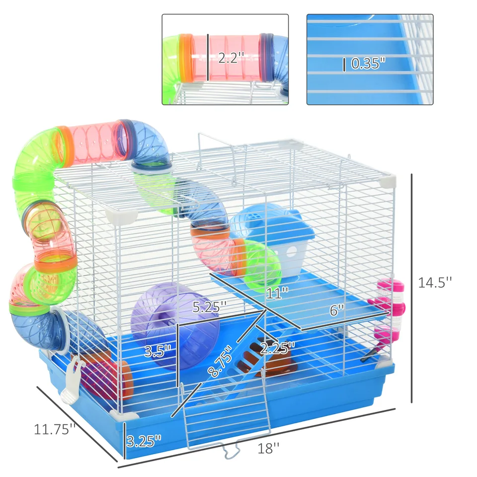2-Level Hamster Cage Rodent Gerbil House Mouse Mice Rat Habitat Metal Wire with Exercise Wheel, Play Tubes, Water Bottle, Food Dishes, & view 3