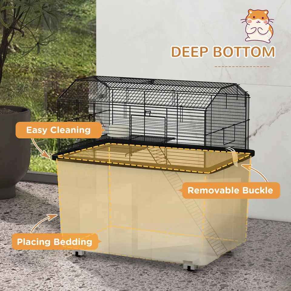 22" 2-Tier Hamster Cage with Extra-Deep 14" Base, Small Animal Cage with Ramp, Water Bottle, Food Dish, Wheels, Black view 3
