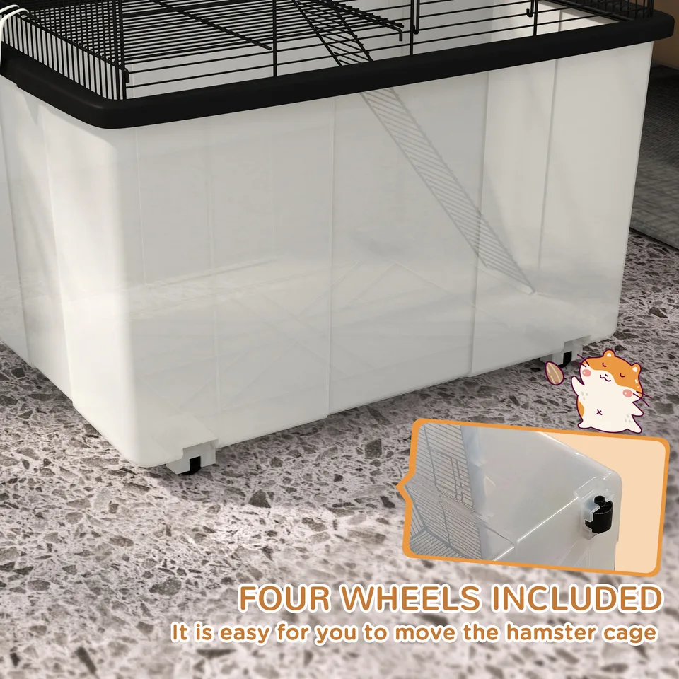 22" 2-Tier Hamster Cage with Extra-Deep 14" Base, Small Animal Cage with Ramp, Water Bottle, Food Dish, Wheels, Black view 2